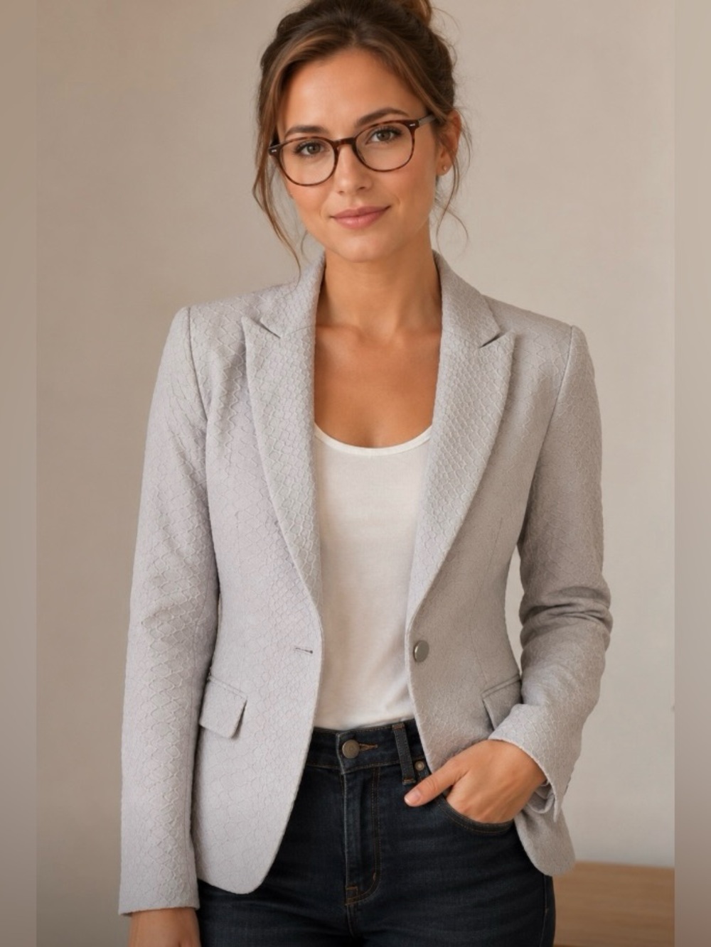 CALVIN KLEIN Light Gray Textured Single-Button Blazer with Pockets